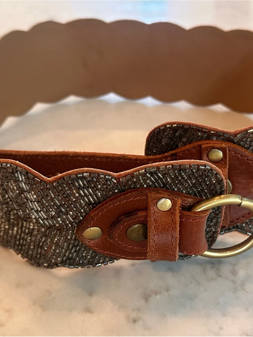Handcrafted Brown Beaded Leather Waist Belt